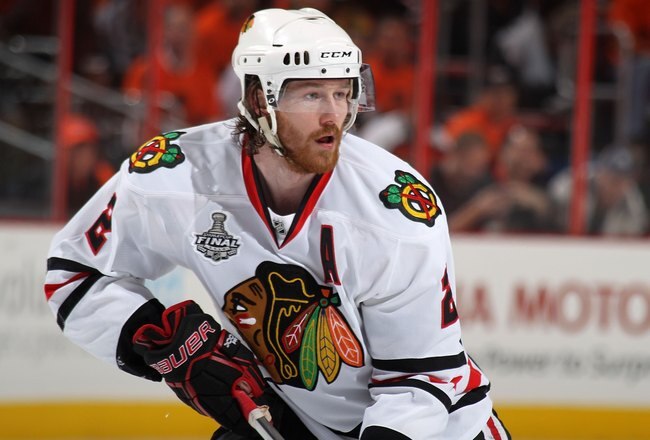 PHILADELPHIA - JUNE 09:  Duncan Keith #2 of the Chicago Blackhawks looks on in Game Six of the 2010 NHL Stanley Cup Final against the Philadelphia Flyers at the Wachovia Center on June 9, 2010 in Philadelphia, Pennsylvania.  (Photo by Bruce Bennett/Getty Images)