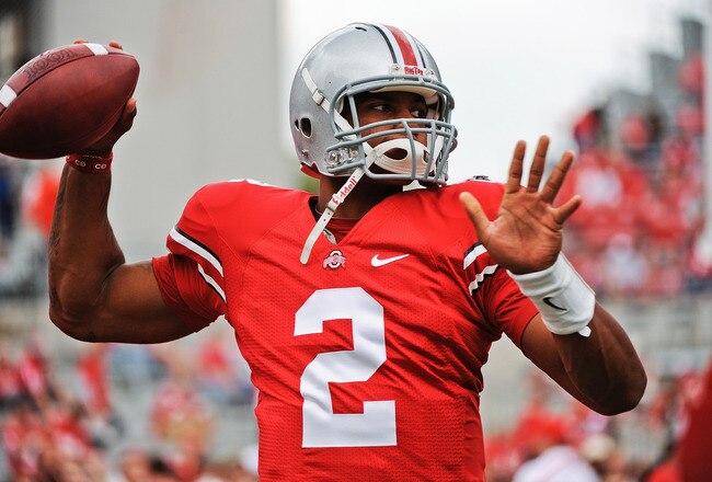 COLUMBUS, OH - SEPTEMBER 11:  Quarterback Terrelle Pryor #2 of the Ohio State Buckeyes warms up before a game against the Miami Hurricanes at Ohio Stadium on September 11, 2010 in Columbus, Ohio.  (Photo by Jamie Sabau/Getty Images)