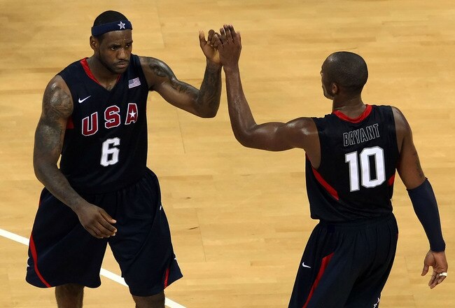 BEIJING - AUGUST 24:  LeBron James #6 and Kobe Bryant #10 of the United States celebrate in the fourth quarter of the gold medal game against Spain during Day 16 of the Beijing 2008 Olympic Games at the Beijing Olympic Basketball Gymnasium on August 24, 2008 in Beijing, China.  (Photo by Nick Laham/Getty Images)