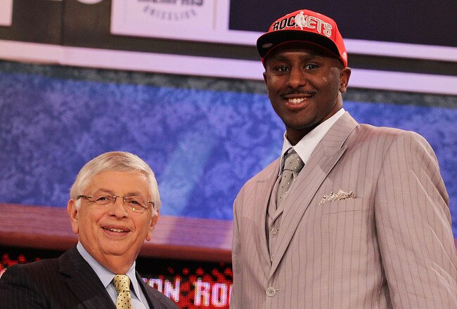 NEW YORK - JUNE 24:  Patrick Patterson stands with NBA Commisioner David Stern after being drafted fourteenth by The Houston Rockets  at Madison Square Garden on June 24, 2010 in New York City.  NOTE TO USER: User expressly acknowledges and agrees that, by downloading and or using this photograph, User is consenting to the terms and conditions of the Getty Images License Agreement. (Photo by Al Bello/Getty Images)