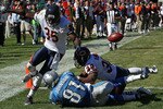 CHICAGO - SEPTEMBER 12: Zack Bowman #35 and Danieal Manning #38 of the Chicago Bears break up a pass intended for Calvin Johnson #81 of the Detroit Lions during the NFL season opening game at Soldier Field on September 12, 2010 in Chicago, Illinois. The Bears defeated the Lions 19-14. (Photo by Jonathan Daniel/Getty Images)