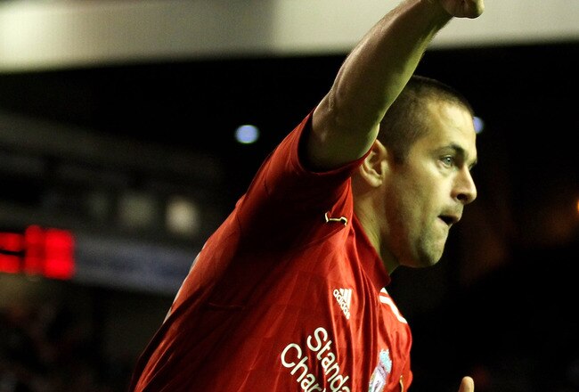 LIVERPOOL, ENGLAND - SEPTEMBER 16 :  Joe Cole of Liverpool celebrates scoring the opening goal during the UEFA Europa League Group K match beteween Liverpool and Steaua Bucharest at Anfield on September 16, 2010 in Liverpool, England.  (Photo by Alex Livesey/Getty Images)
