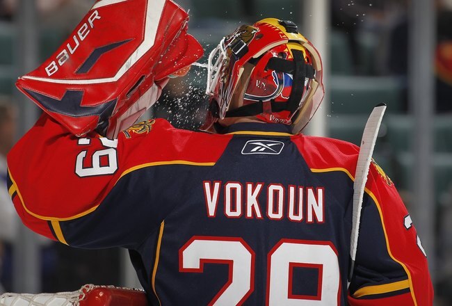 SUNRISE, FL - APRIL 6: Goaltender Tomas Vokoun #29 of the Florida Panthers gets a drink of water during a break in action against the Ottawa Senators on April 6, 2010 at the BankAtlantic Center in Sunrise, Florida. The Senators defeated the Panthers 5-2. (Photo by Joel Auerbach/Getty Images)