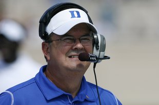 DURHAM, NC - SEPTEMBER 13:  Head coach David Cutcliffe of the Duke Blue Devils looks on during the game against the Navy Midshipmen at Wallace Wade Stadium on September 13, 2008 in Durham, North Carolina.  (Photo by Kevin C. Cox/Getty Images)