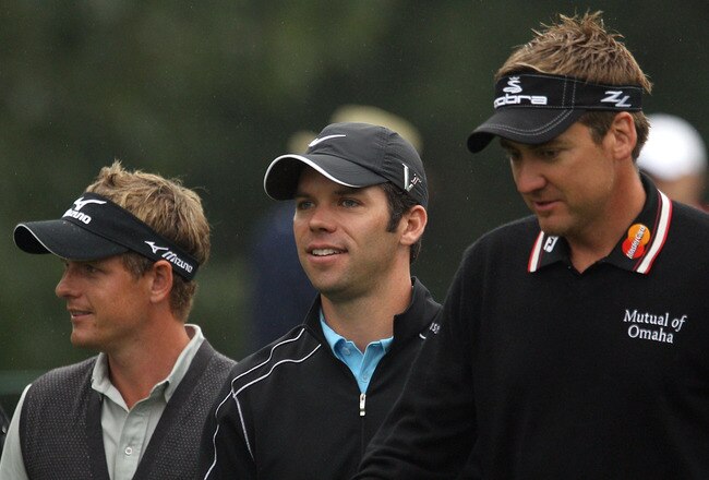 LEMONT, IL - SEPTEMBER 11:  (L-R) Luke Donald, Paul Casey and Ian Poulter of England walk off the fifth tee during the third round of the BMW Championship at Cog Hill Golf & Country Club on September 11, 2010 in Lemont, Illinois.  (Photo by Scott Halleran/Getty Images)