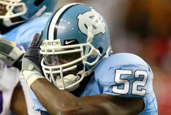 ATLANTA - SEPTEMBER 04:  Quan Sturdivant #52 of the North Carolina Tar Heels against the LSU Tigers during the Chick-fil-A Kickoff Game at Georgia Dome on September 4, 2010 in Atlanta, Georgia.  (Photo by Kevin C. Cox/Getty Images)