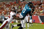 TAMPA, FL - AUGUST 28:  Tight end Ernest Wilford #85 of the Jacksonville Jaguars cannot bring in this pass as safety Sean Jones #26 of the Tampa Bay Buccaneers tries to break it up during a preseason game at Raymond James Stadium on August 28, 2010 in Tampa, Florida.  (Photo by J. Meric/Getty Images)