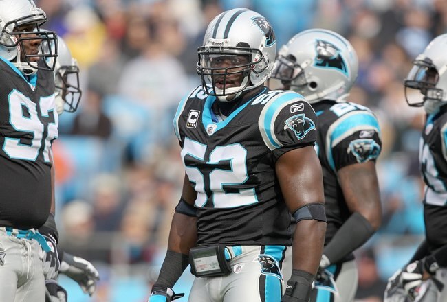CHARLOTTE, NC - DECEMBER 06:  Jon Beason #52 of the Carolina Panthers stands on the field during the game against the Tampa Bay Buccaneers at Bank of America Stadium on December 6, 2009 in Charlotte, North Carolina.  (Photo by Streeter Lecka/Getty Images)