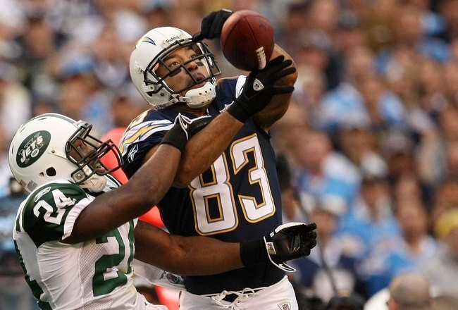 SAN DIEGO - JANUARY 17:  Wide receiver Vincent Jackson #83 of the San Diego Chargers goes up for a catch against Darrelle Revis #24 of the New York Jets during  AFC Divisional Playoff Game at Qualcomm Stadium on January 17, 2010 in San Diego, California. Revis intercepted the pass on a deflection.  (Photo by Stephen Dunn/Getty Images)