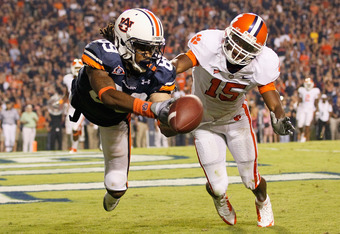 AUBURN, AL - SEPTEMBER 18:  Darvin Adams #89 of the Auburn Tigers fails to pull in this touchdown reception in overtime against Coty Sensabaugh #15 of the Clemson Tigers at Jordan-Hare Stadium on September 18, 2010 in Auburn, Alabama.  (Photo by Kevin C. Cox/Getty Images)