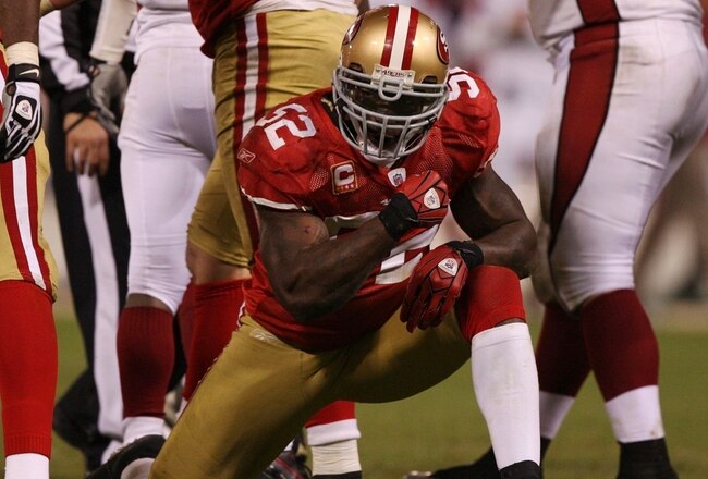 SAN FRANCISCO - DECEMBER 14:  Linebacker Patrick Willis #52 of the San Francisco 49ers reacts after sacking Kurt Warner #13 of the Arizona Cardinals at Candlestick Park on December 14, 2009 in San Francisco, California. (Photo by Jed Jacobsohn/Getty Images)