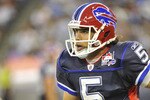 TORONTO, CANADA - AUGUST 19: Trent Edwards #5 of the Buffalo Bills looks on during a break in game action against the Indianapolis Colts on August 19, 2010 at the Rogers Centre in Toronto, Ontario, Canada. (Photo by Brad White/Getty Images)
