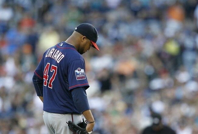 DETROIT - JULY 09:  Francisco Liriano #47 of the Minnesota Twins reacts after giving up a second-inning triple off the bat of Carlos Guillen #9 of the Detroit Tigers during the game on July 9, 2010 at Comerica Park in Detroit, Michigan. The Tigers defeated the Twins 7-3. (Photo by Leon Halip/Getty Images)