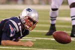 EAST RUTHERFORD, NJ - SEPTEMBER 19: Tom Brady #12 of the New England Patriots loses the ball after being sacked against  the New York Jets during their  game on September 19, 2010 at the New Meadowlands Stadium  in East Rutherford, New Jersey.  (Photo by Al Bello/Getty Images)