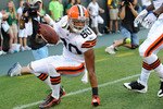 GREEN BAY - AUGUST 14: Brian Robiskie #80 of the Cleveland Browns makes a touchdown catch during the NFL preseason game against the Green Bay Packers at Lambeau Field August 14, 2010 in Green Bay, Wisconsin.  (Photo by Tom Dahlin/Getty Images)