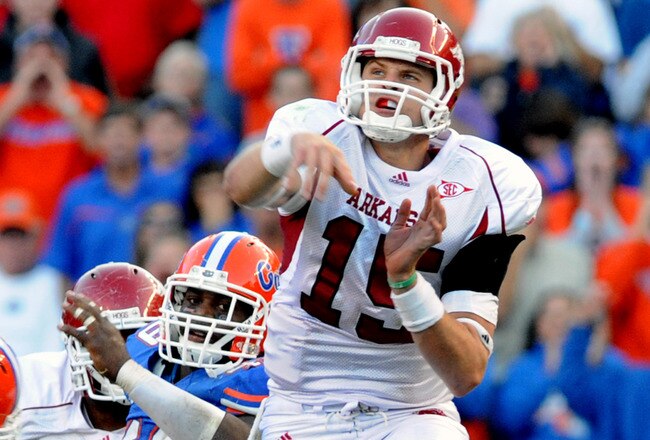 GAINESVILLE, FL - OCTOBER 17: Quarterback Ryan Mallett #15 of the Arkansas Razorbacks releases a pass against the Florida Gators October 17, 2009 at Ben Hill Griffin Stadium in Gainesville, Florida.  (Photo by Al Messerschmidt/Getty Images)