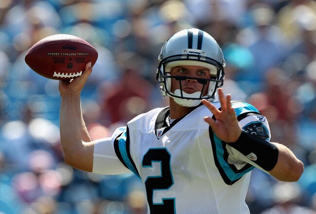 CHARLOTTE, NC - SEPTEMBER 19:  Jimmy Clausen #2 of the Carolina Panthers throws a pass against the Tampa Bay Buccaneers during their game at Bank of America Stadium on September 19, 2010 in Charlotte, North Carolina.  (Photo by Streeter Lecka/Getty Images)