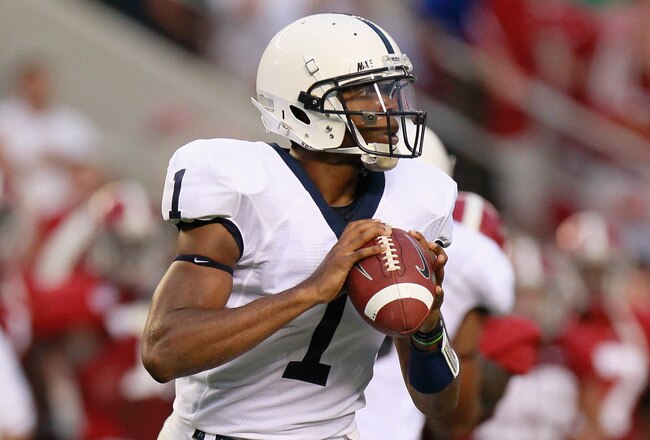 TUSCALOOSA, AL - SEPTEMBER 11:  Quarterback Robert Bolden #1 of the Penn State Nittany Lions against the Alabama Crimson Tide at Bryant-Denny Stadium on September 11, 2010 in Tuscaloosa, Alabama.  (Photo by Kevin C. Cox/Getty Images)