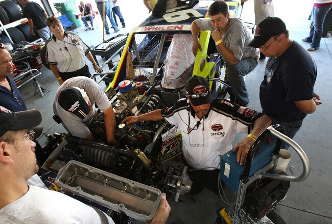 MARTINSVILLE, VA - JUNE 05:  The #46 Cape Cod Aggregates/Sunoco Chevrolet, driven by George Brunnhoelzl III, goes thru engine inspection before practice in the NASCAR Whelen Modified Tour Made in America Whelen 200 at Martinsville Speedway on June 5, 2010 in Martinsville, Virginia(Photo by Tom Whitmore/Getty Images for NASCAR)
