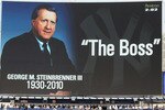 NEW YORK - JULY 17:  The scoreboard at Yankee Stadium shows an image of late owner George Steinbrenner prior to the game between the New York Yankees and the Tampa Bay Rays on July 17, 2010 in the Bronx borough of New York City.  Steinbrenner passed away on July 13 at the age of 80.(Photo by Jim McIsaac/Getty Images)