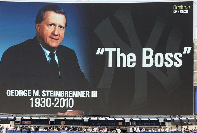 NEW YORK - JULY 17:  The scoreboard at Yankee Stadium shows an image of late owner George Steinbrenner prior to the game between the New York Yankees and the Tampa Bay Rays on July 17, 2010 in the Bronx borough of New York City.  Steinbrenner passed away on July 13 at the age of 80.(Photo by Jim McIsaac/Getty Images)