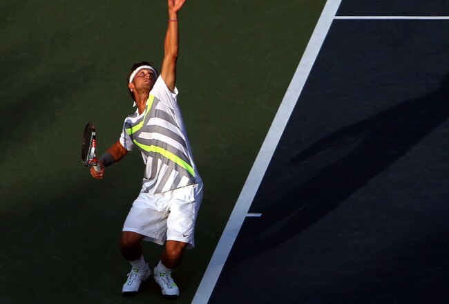 NEW YORK - SEPTEMBER 02:  Peter Polansky of Canada serves against James Blake of the United States during his men's singles match on day four of the 2010 U.S. Open at the USTA Billie Jean King National Tennis Center on September 2, 2010 in the Flushing neighborhood of the Queens borough of New York City.  (Photo by Nick Laham/Getty Images)