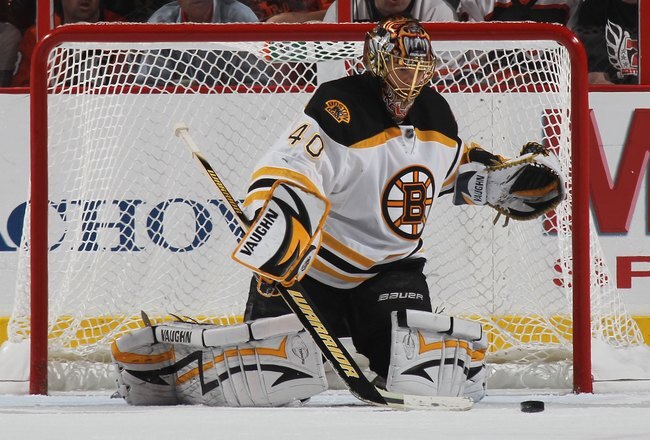 PHILADELPHIA - MAY 07:  Tuukka Rask #40 of the Boston Bruins tends net against the Philadelphia Flyers in Game Four of the Eastern Conference Semifinals during the 2010 NHL Stanley Cup Finals at the Wachovia Center on May 7, 2010 in Philadelphia, Pennsylvania. The Flyers defeated the Bruins 5-4 in overtime.  (Photo by Bruce Bennett/Getty Images)