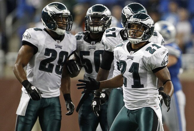 DETROIT - SEPTEMBER 19: Joselio Hanson #21 and Nate Allen #29 of the Philadelphia Eagles celebrates after stoping the Detroit Lions on a fourth down play late in the game at Ford Field on September 19, 2010 in Detroit, Michigan. The Eagles defeated the Lions 35-32.  (Photo by Leon Halip/Getty Images)
