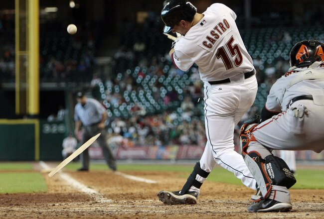 HOUSTON - JUNE 24:  Jason Castro #15 of the Houston Astros shatters his bat for a single in the seventh inning against the San Francisco Giants at Minute Maid Park on June 24, 2010 in Houston, Texas.  (Photo by Bob Levey/Getty Images)