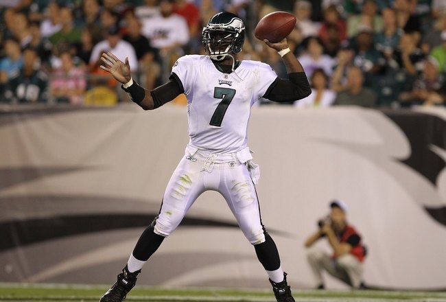 PHILADELPHIA - AUGUST 13:  Michael Vick #7 of the Philadelphia Eagles rolls out to pass against the Jacksonville Jaguars during their preseason game at Lincoln Financial Field on August 13, 2010 in Philadelphia, Pennsylvania.  (Photo by Nick Laham/Getty Images)