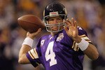 MINNEAPOLIS - SEPTEMBER 19:  Quarterback Brett Favre #4 of the Minnesota Vikings warms up prior to the start of the game against the Miami Dolphins on September 19, 2010 at Hubert H. Humphrey Metrodome in Minneapolis, Minnesota.  (Photo by Jamie Squire/Getty Images)
