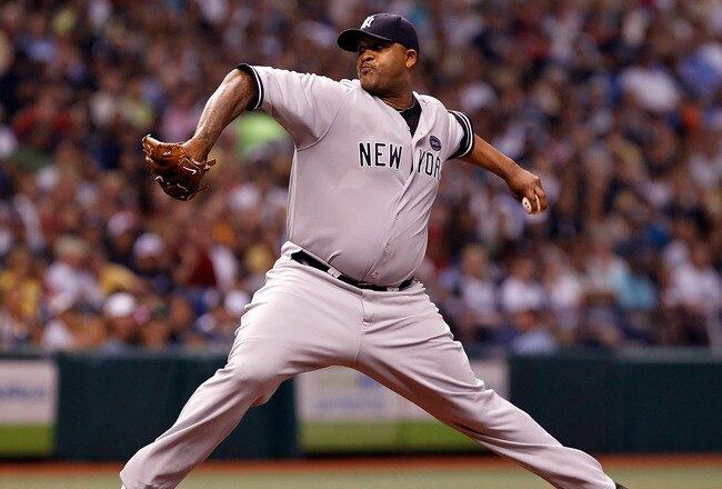 ST PETERSBURG, FL - SEPTEMBER 13:  C.C. Sabathia #52 of the New York Yankees pitches against the Tampa Bay Rays during the game at Tropicana Field on September 13, 2010 in St. Petersburg, Florida.  (Photo by J. Meric/Getty Images)