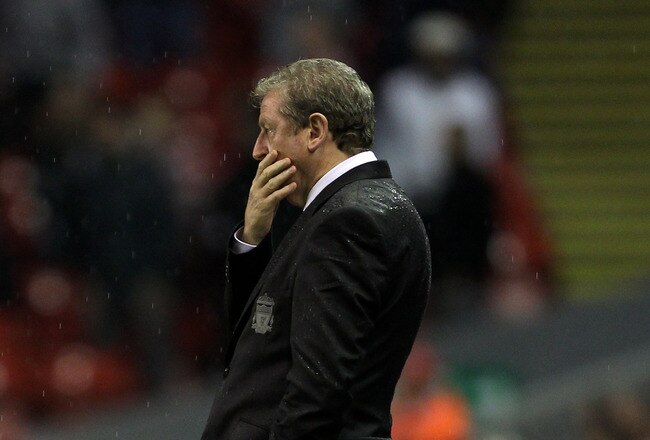 LIVERPOOL, ENGLAND - SEPTEMBER 22:  Liverpool Manager Roy Hodgson looks dejected during the Carling Cup Third Round game between Liverpool and Northampton Town at Anfield on September 22, 2010 in Liverpool, England.  (Photo by Alex Livesey/Getty Images)