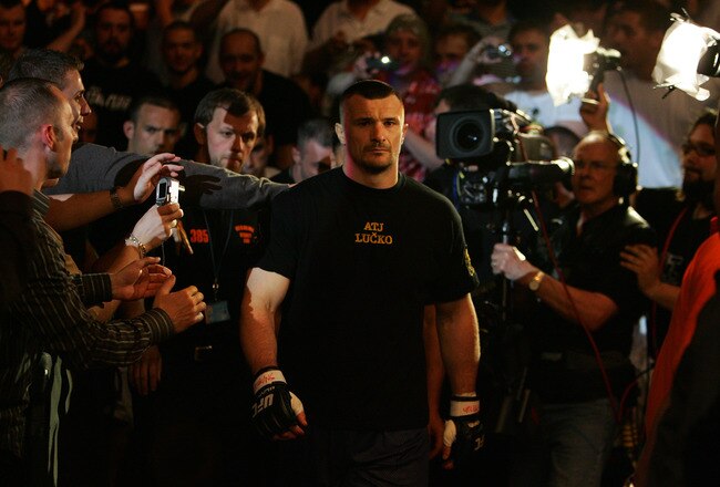MANCHESTER, UNITED KINGDOM - APRIL 21: A pensive Mirko Cro Cop of Croatia walks to the octagon before fighting Gabriel Gonzaga of USA in a Heavyweight bout of the Ultimate Fighting Championship at the Manchester Evening News Arena on April 21, 2007 in Manchester, England. (Photo by Gary M. Prior/Getty Images)