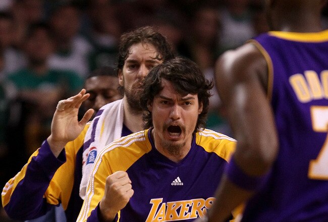 BOSTON - JUNE 13:  Adam Morrison #6 of the Los Angeles Lakers celebrates after a play against the Boston Celtics during Game Five of the 2010 NBA Finals on June 13, 2010 at TD Garden in Boston, Massachusetts. The Celtics won 92-86. NOTE TO USER: User expressly acknowledges and agrees that, by downloading and/or using this Photograph, user is consenting to the terms and conditions of the Getty Images License Agreement.  (Photo by Elsa/Getty Images)