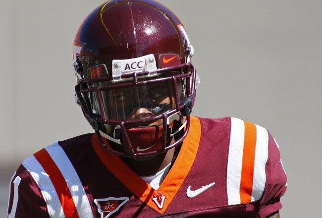 BLACKSBURG, VA - SEPTEMBER 18: Wide receiver Dyrell Roberts #11 of the Virginia Tech Hokies stands on the field against the East Carolina Pirates at Lane Stadium on September 18, 2010 in Blacksburg, Virginia. Virginia Tech won 49-27.  (Photo by Geoff Burke/Getty Images)
