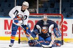UNIONDALE, NY - SEPTEMBER 21:  John Tavares #91 of the New York Islanders is denied by goaltender Rick DiPietro #39 during a training camp session on September 21, 2010 at Nassau Coliseum in Uniondale.  (Photo by Mike Stobe/Getty Images)