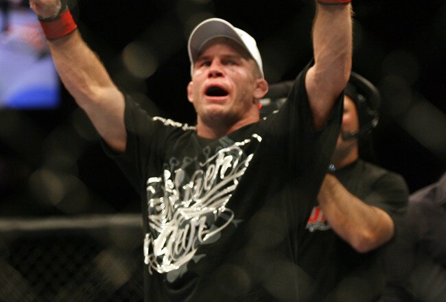 CHICAGO - OCTOBER 25:  Sean Sherk celebrates his win in the Lightweight bout at UFC's Ultimate Fight Night at Allstate Arena on October 25, 2008 in Chicago, Illinois. (Photo by Tasos Katopodis/Getty Images)