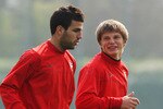 ST ALBANS, ENGLAND - APRIL 14:  Cesc Fabregas and Andrey Arshavin of Arsenal speak during a training session ahead of their UEFA Champions League Quarter Final second leg round match against Villarreal, at London Colney on April 14, 2009 in St Albans, England.  (Photo by Phil Cole/Getty Images)