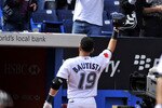 TORONTO - SEPTEMBER 23:   Jose Bautista #19 of the Toronto Blue Jays tips his hat to the crowd after hitting his 50th home run of the season during game action against the Seattle Mariners September 23, 2010 at Rogers Centre in Toronto, Ontario, Canada. (Photo by Brad White/Getty Images)