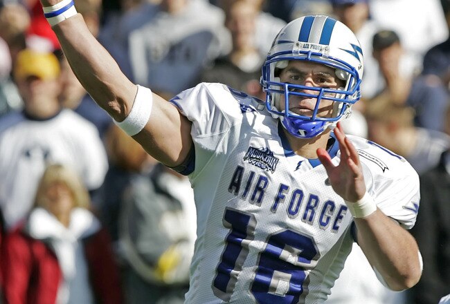 PROVO, UT - OCTOBER 29:  Quarterback Adam Fitch #16 of Air Force passes against Brigham Young University during the second quarter October 29, 2005 at LaVell Edwards Stadium in Provo, Utah. Fitch replaced Shaun Carney who cut his left hand and had to leave the game.  (Photo by George Frey/Getty Images)