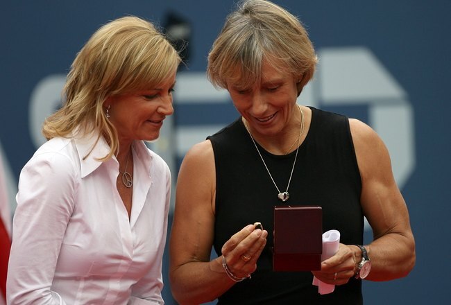 NEW YORK - SEPTEMBER 10:  Tennis legends Chris Evert and Martina Navratilova examine the ring Navratilova receives as she is inducted into the Court of Champions before the start of the men's final between Roger Federer of Switzerland and Andy Roddick during the U.S. Open at the USTA Billie Jean King National Tennis Center in Flushing Meadows Corona Park on September 10, 2006 in the Flushing neighborhood of the Queens borough of New York City.  (Photo by Clive Brunskill/Getty Images)
