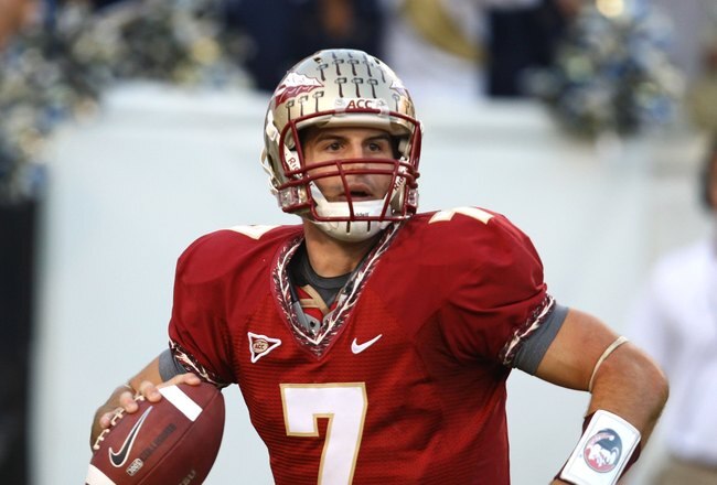 ATLANTA - NOVEMBER 1:  Quarterback Christian Ponder #7 of the Florida State Seminoles rolls out and looks to pass during the game against the Georgia Tech Yellow Jackets at Bobby Dodd Stadium at Historic Grant Field on November 1, 2008 in Atlanta, Georgia.  Georgia Tech beat Florida State 31-28.  (Photo by Mike Zarrilli/Getty Images)