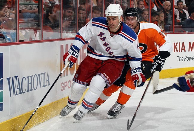 PHILADELPHIA - APRIL 11:  Wade Redden #6 of the New York Rangers skates against the Philadelphia Flyers on April 11, 2010 at Wachovia Center in Philadelphia, Pennsylvania. The Flyers defeated the Rangers 2-1 after a shootout. The victory clinched a playoff berth for Philadelphia.  (Photo by Jim McIsaac/Getty Images)