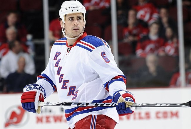 NEWARK, NJ - MARCH 25:  Wade Redden #6 of the New York Rangers skates against the New Jersey Devils at the Prudential Center on March 25, 2010 in Newark, New Jersey.  (Photo by Jeff Zelevansky/Getty Images)