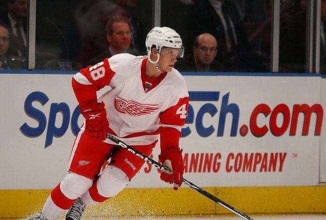 NEW YORK - SEPTEMBER 21:  Cory Emmerton #48 of the Detroit Red Wings skates against the New York Rangers during preseason action at Madison Square Garden on September 21, 2009 in New York, New York.  (Photo by Bruce Bennett/Getty Images)
