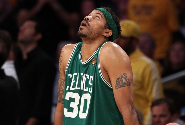 LOS ANGELES, CA - JUNE 17:  Rasheed Wallace #30 of the Boston Celtics reacts against the Los Angeles Lakers in Game Seven of the 2010 NBA Finals at Staples Center on June 17, 2010 in Los Angeles, California.  NOTE TO USER: User expressly acknowledges and agrees that, by downloading and/or using this Photograph, user is consenting to the terms and conditions of the Getty Images License Agreement.  (Photo by Christian Petersen/Getty Images)