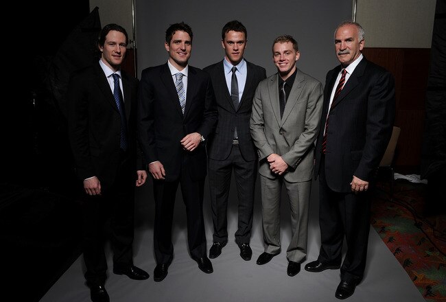 LAS VEGAS - JUNE 23:  (L-R) Duncan Keith, Patrick Sharp, Jonathan Toews, Patrick Kane and Joel Quenneville of the Chicago Blackhawks poses for a portrait during the 2010 NHL Awards at the Palms Casino Resort on June 23, 2010 in Las Vegas, Nevada.  (Photo by Harry How/Getty Images)