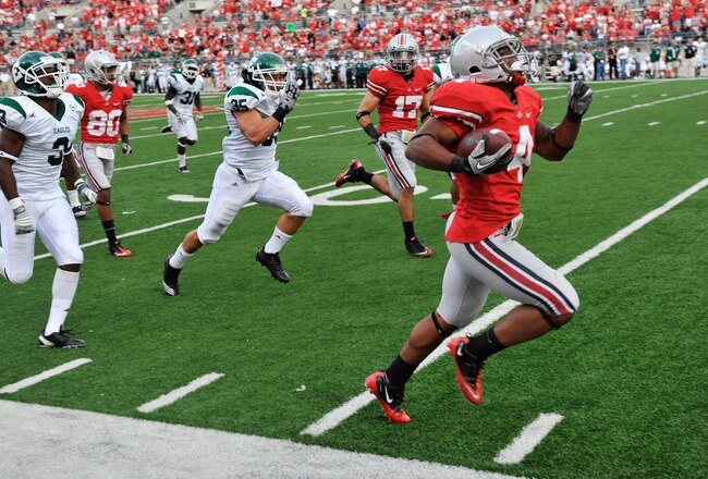 COLUMBUS, OH - SEPTEMBER 25:  Jaamal Berry #4 of the Ohio State Buckeyes races down the sideline on a 67-yard touchdown run in the fourth quarter against the Eastern Michigan Eagles at Ohio Stadium on September 25, 2010 in Columbus, Ohio. Ohio State defeated Eastern Michigan 73-20.   (Photo by Jamie Sabau/Getty Images)