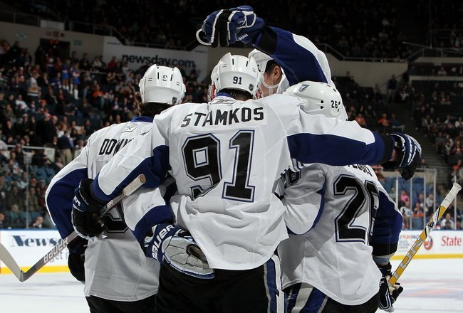 UNIONDALE, NY - FEBRUARY 13:  Steven Stamkos #91 of the Tampa Bay Lightning celebrates against the New York Islanders on February 13, 2010 at Nassau Coliseum in Uniondale, New York. The Isles defeated the Lightning 5-4.  (Photo by Jim McIsaac/Getty Images)